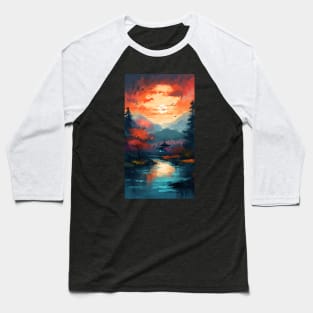 Serene Sunset over a River in a Vibrant Japanese Forest Baseball T-Shirt